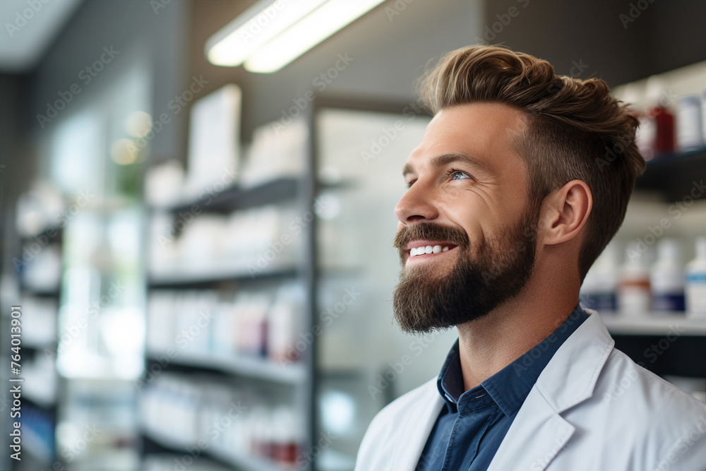 Fototapeta premium Smiling cheerful confident pharmacist in drugstore store shop Generative AI