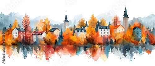 Charming depiction of an European town amidst fall season painted in rich watercolor hues