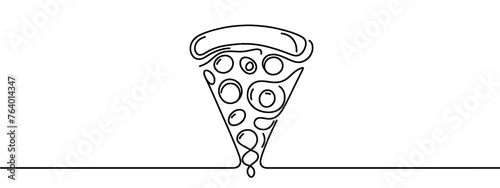 One continuous line pizza slice menu concept. Restaurant food pizzeria icon single line drawing. Hot dinner style vector graphic illustration