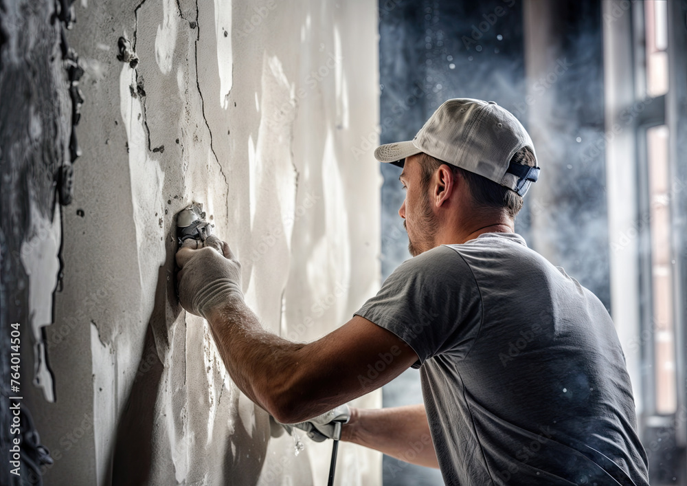 Worker plastering the wall with a putty knife Construction industry Worker plastering the wall with a putty knife Construction industry