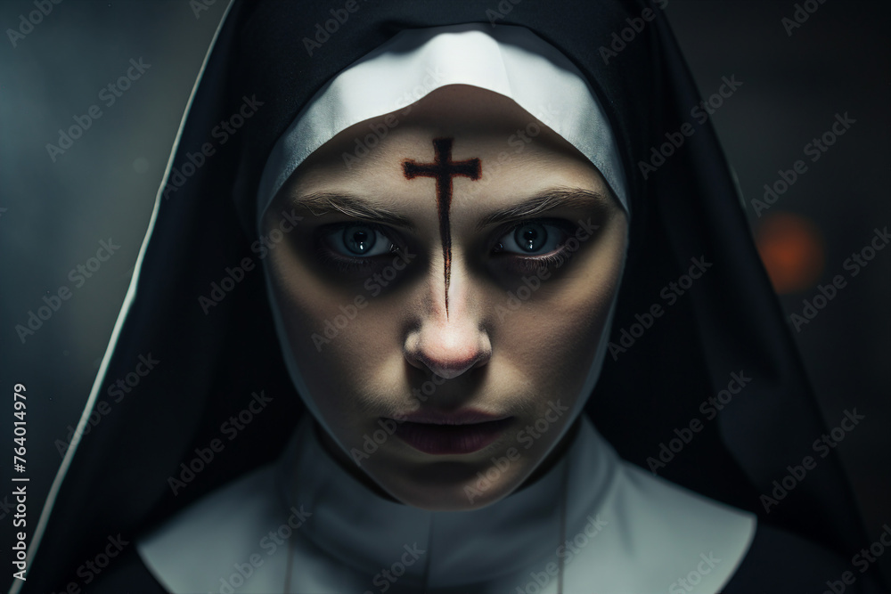 Mysterious religious person nun priest in church robe serious face expression Generative AI illustration Mysterious religious person nun priest in church robe serious face expression Generative AI illustration