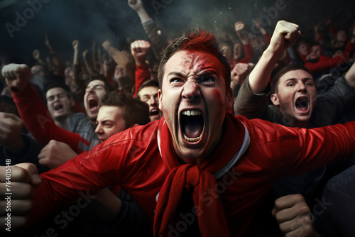 Excited football fans celebrate victory in bright jerseys, creating a jubilant atmosphere of joy and passion