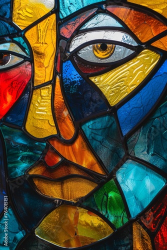 Stained Glass Artwork of a Man`s Face in Lively Summer Color Palette Feeling created with Generative AI Technology