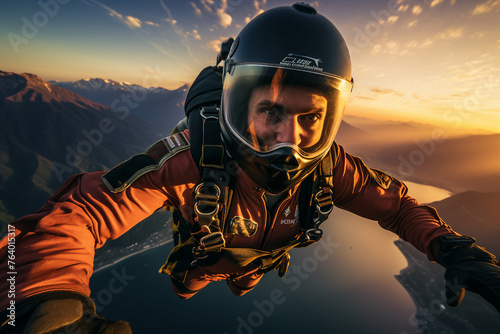 Parachutist in free fall at the sunset extreme sport lifestyle with beautiful sky cloud sunset generative AI