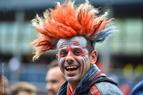 A joyful football fan, wearing a colorful wig, celebrates passionately in the stands. The atmosphere is vibrant with excitement and cheering.