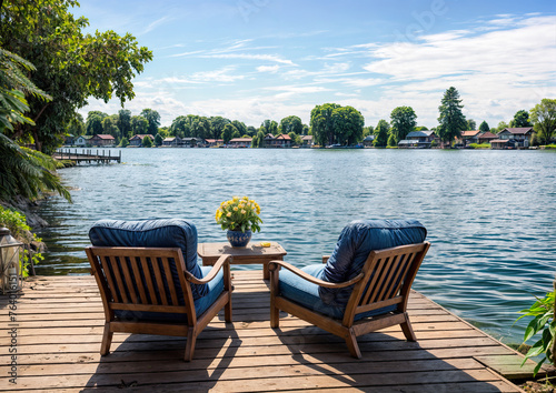 Chairs and table on the lake in the park on a summer day