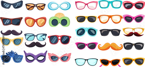 Carnival, masquerade sunglasses, photo booth party decorative glasses vector illustration icons set