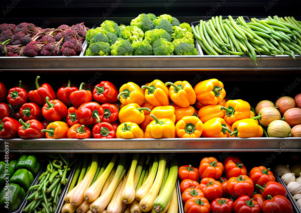Colorful fresh vegetables on the shelves in the supermarket Healthy food