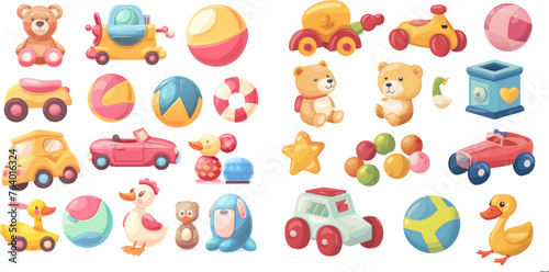 Baby plastic and wooden toys, bear, ball and doll, kids game activity, child fun and activity vector illustration symbols set photo