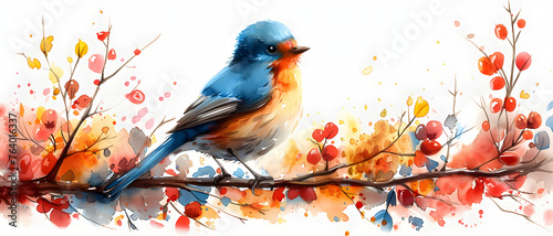 An exquisite watercolor painting of a vibrant bird perched on a branch among autumn leaves and berries
