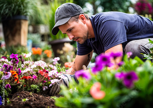 Gardener working in his garden on a sunny day with flowers © Graphic Dude