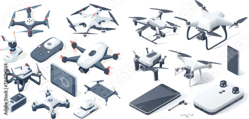 Unmanned aerial drone, electronic innovation flying helicopter vector illustration set