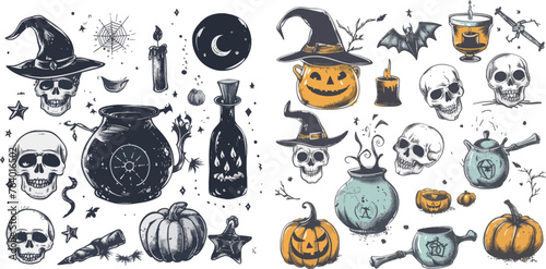 Doodle witchcraft spooky, magic cauldron, skull and pumpkin vector illustration set