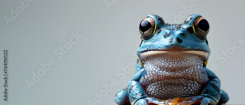A frontal view of a captivating blue tree frog calmly sitting against a soft grey backdrop