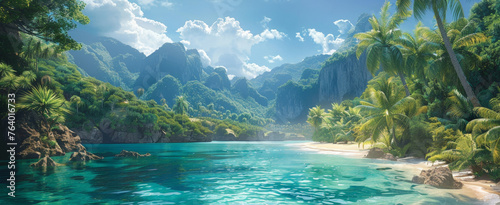 A serene beach with crystal clear waters, surrounded by lush greenery and towering mountains under a bright sky.