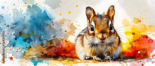 This digital art captures a squirrel's inquisitive gaze amidst an explosion of vivid watercolor splashes, illustrating nature's curiosity photo