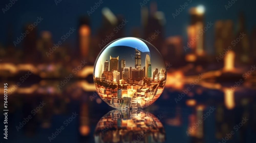 Creative image of cityscape and abstract globe with connected hr icons. Global network concept - obrazy, fototapety, plakaty 