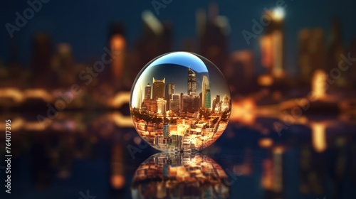 Creative image of cityscape and abstract globe with connected hr icons. Global network concept