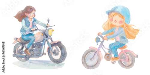  girl biker watercolour vector illustration