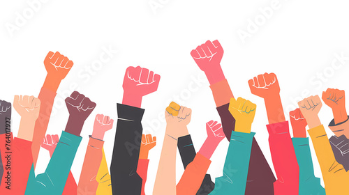 Group of labours raise hand up on white background.International Labour Day Vector Poster. 