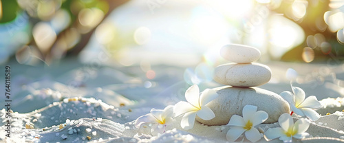 Zen stones and frangipani blossom on the beach