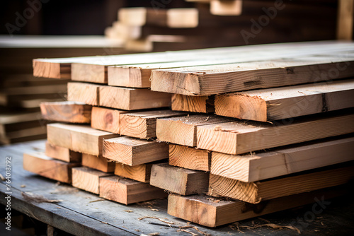 Stacked lumber on warehouse shelf  available for construction purchase. Wood planks stored indoors  suitable for building projects