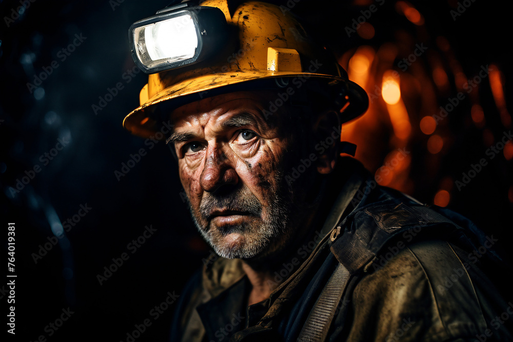 Elderly coal miner returns from work, worn and weary. Reflects industrial labor and challenges faced in energy production.