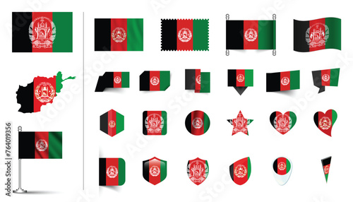 Afghanistan Flag Icons set, National symbol of Afghanistan of waving flags isolated. Different types big set of Afghanistan Flag