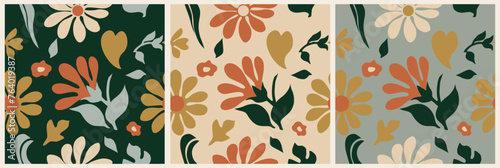 Abstract seamless pattern with vintage groovy flowers and leaves on black, sage green, beige. Retro floral vector background, surface design, textile, stationery, wrapping paper, covers.  photo