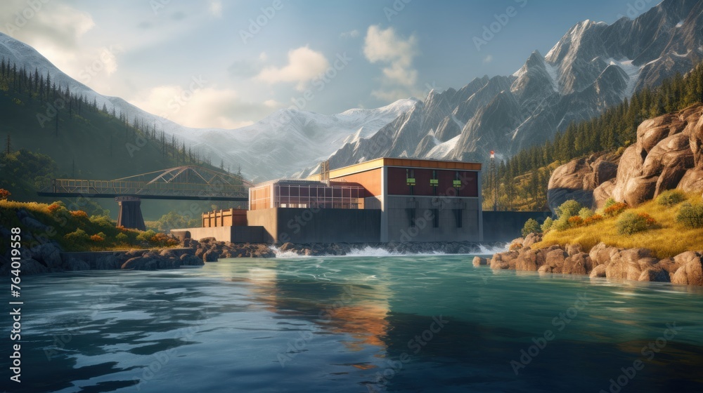 Concept art of a Hydro-Electrical Powerplant on a river, beautiful scenery