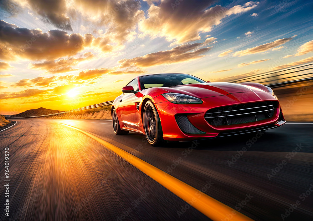 Red sport car on the road with motion blur background 3d rendering