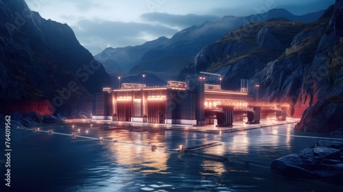 Concept art of a Hydro-Electrical Powerplant on a river, beautiful scenery