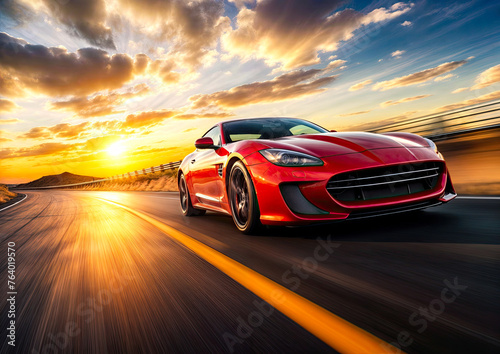 Red sport car on the road with motion blur background 3d rendering © Graphic Dude