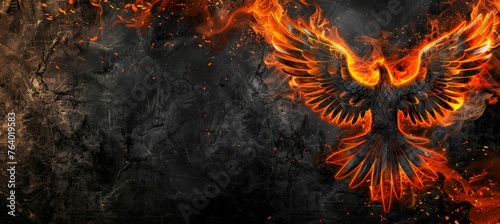 Majestic flaming phoenix firebird in fiery environment with ample space for text placement