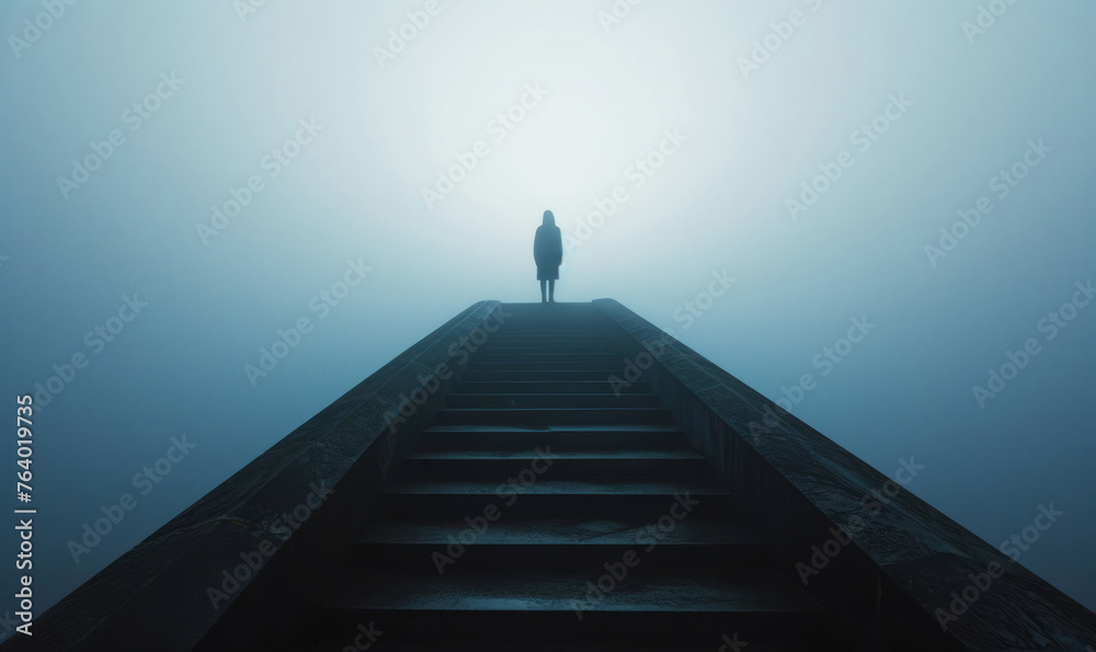 The person, at the top of stairs in fog, exhibits a style of geometric surrealism and gothic realism.