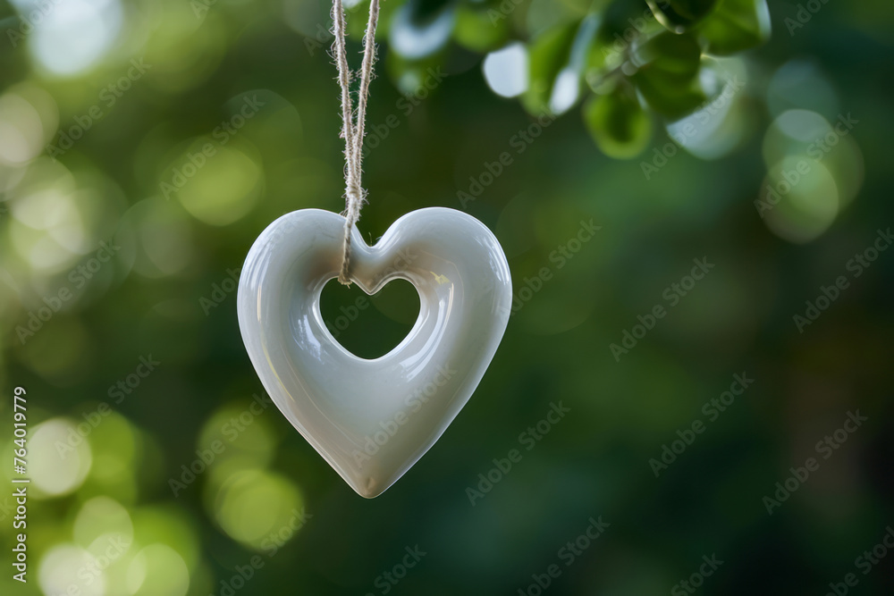 The white heart decoration, with its glazed surfaces, hangs from a ring in a minimal style. The white heart decoration, with its glazed surfaces, hangs from a ring in a minimal style.