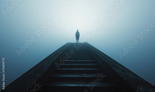 The person, at the top of stairs in fog, exhibits a style of geometric surrealism and gothic realism.