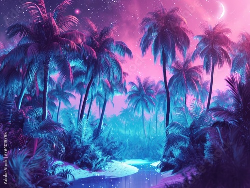 An image that artfully combines a retro style with a neon-lit tropical landscape. This features a vivid, neon-infused depiction of tropical trees, set against a backdrop that evokes the nostalgic. AI