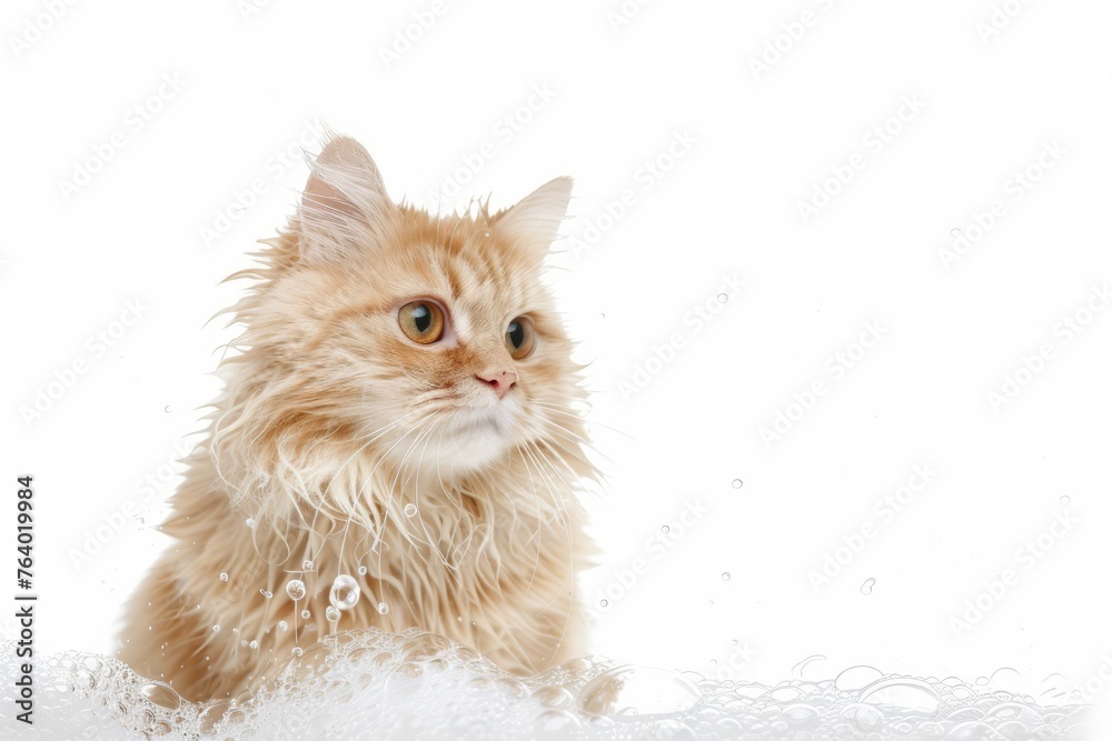 cute domestic cat with light beige fur washes itself wet from water on a white background isolated