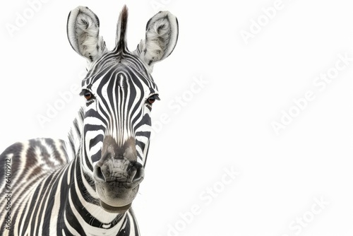 Close-up of a zebra s muzzle  isolated on a white background  studio shot  funny animal