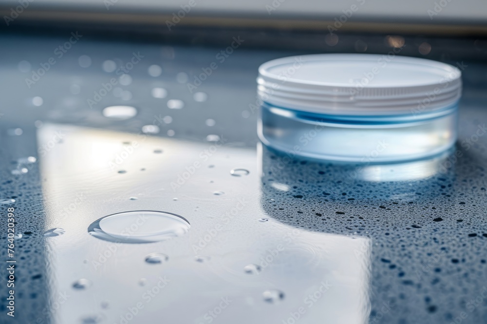 A white liquid on a countertop reflects light indigo and silver hues, styled with minimal retouching and dotted, clean lines. A white liquid on a countertop reflects light indigo and silver hues, styled with minimal retouching and dotted, clean lines.