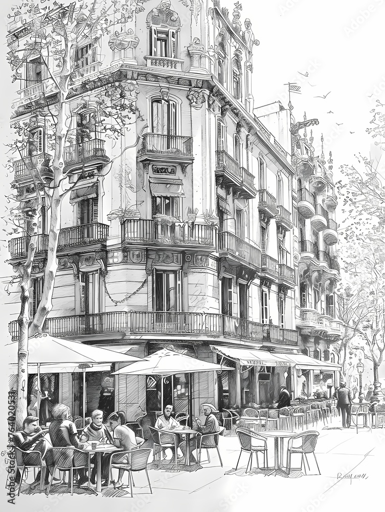 a pencil sketch of a cafe on a building in Rome on white paper