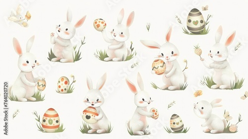 Pastel-colored illustrations featuring playful Easter Bunny engaging in various activities, isolated on white background