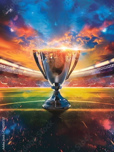 Gleaming trophy cup on a sports field - A shiny trophy cup taking the center stage in a stadium, evoking the glory of sports victories