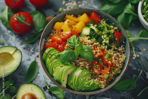 Healthy quinoa salad with fresh vegetables - An appetizing bowl of quinoa salad rich with vibrant tomatoes, cucumbers, and avocados garnished with basil on a textured backdrop