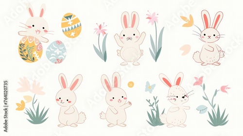 Pastel-colored illustrations featuring playful Easter Bunny engaging in various activities, isolated on white background © Helios4Eos