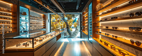 wall of glasses. store interior with sunglasses.