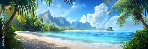 Tropical beach paradise with lush greenery - An idyllic tropical beach scene with clear skies, shimmering water, and lush palm trees inviting a sense of calm and escape © Mickey