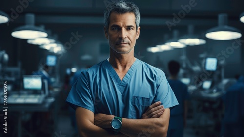 Professional photo of a portrait of a confident male surgeon standing  in front operating room background with backlighting and cinematic lighting and a dark blue color grading © Divine123victory