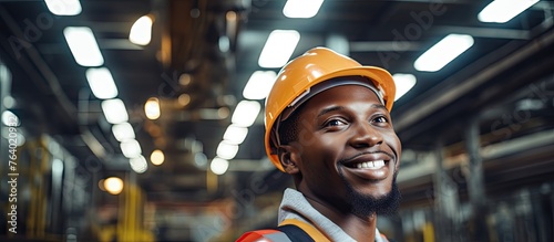 An excited man wearing a hard hat and safety vest beams with joy while working at a factory